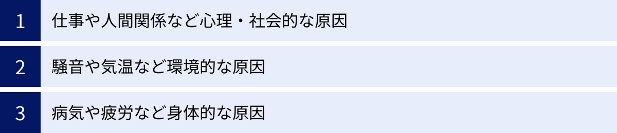 仕事や人間関係など心理・社会的な原因、騒音や気温など環境的な原因、病気や疲労など身体的な原因