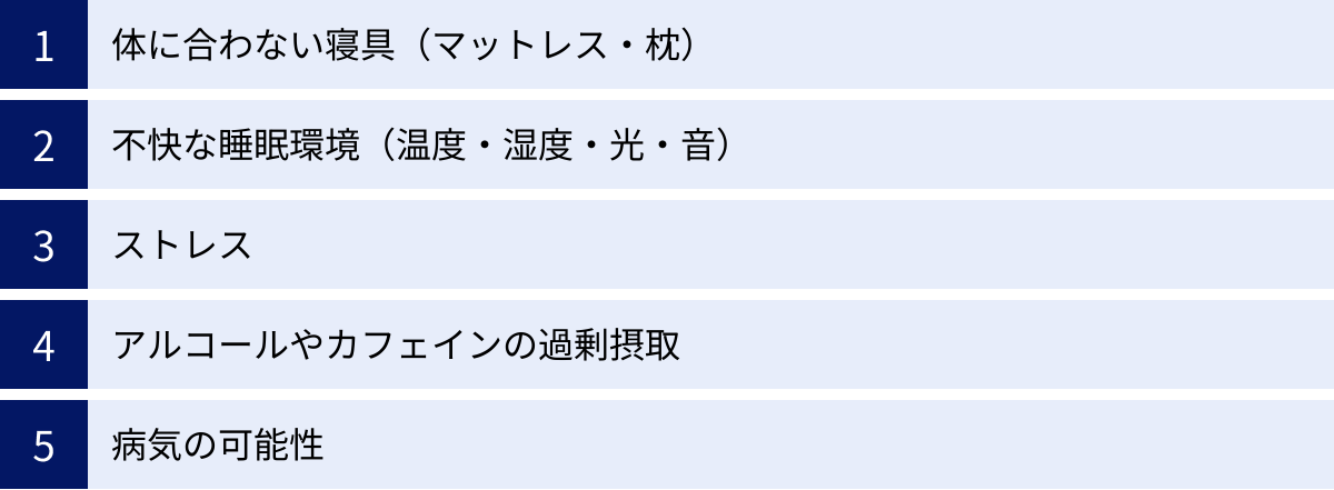 体に合わない寝具（マットレス・枕）、不快な睡眠環境（温度・湿度・光・音）、ストレス、アルコールやカフェインの過剰摂取、病気の可能性