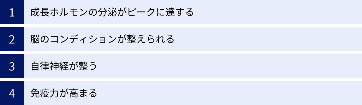 成長ホルモンの分泌がピークに達する、脳のコンディションが整えられる、自律神経が整う、免疫力が高まる