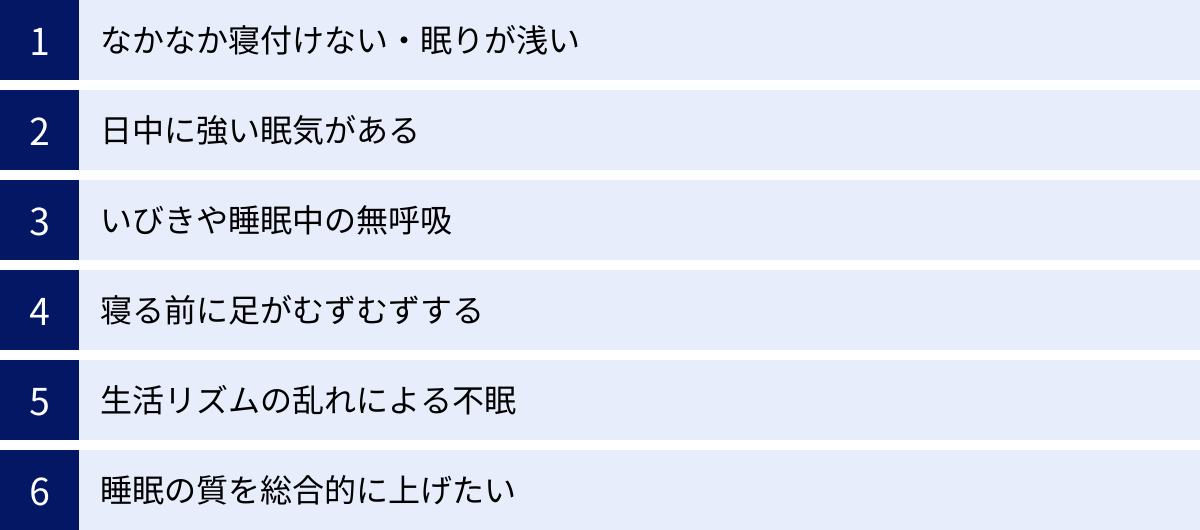 なかなか寝付けない・眠りが浅い、日中に強い眠気がある、いびきや睡眠中の無呼吸、寝る前に足がむずむずする、生活リズムの乱れによる不眠、睡眠の質を総合的に上げたい