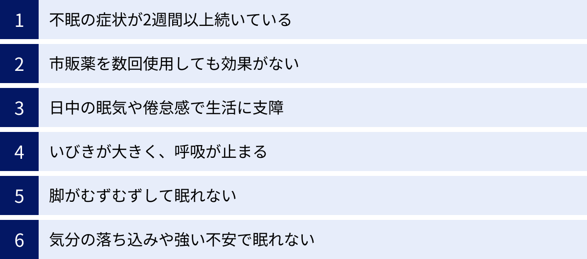 不眠の症状が2週間以上続いている、市販薬を数回使用しても効果がない、日中の眠気や倦怠感で生活に支障、いびきが大きく、呼吸が止まる、脚がむずむずして眠れない、気分の落ち込みや強い不安で眠れない