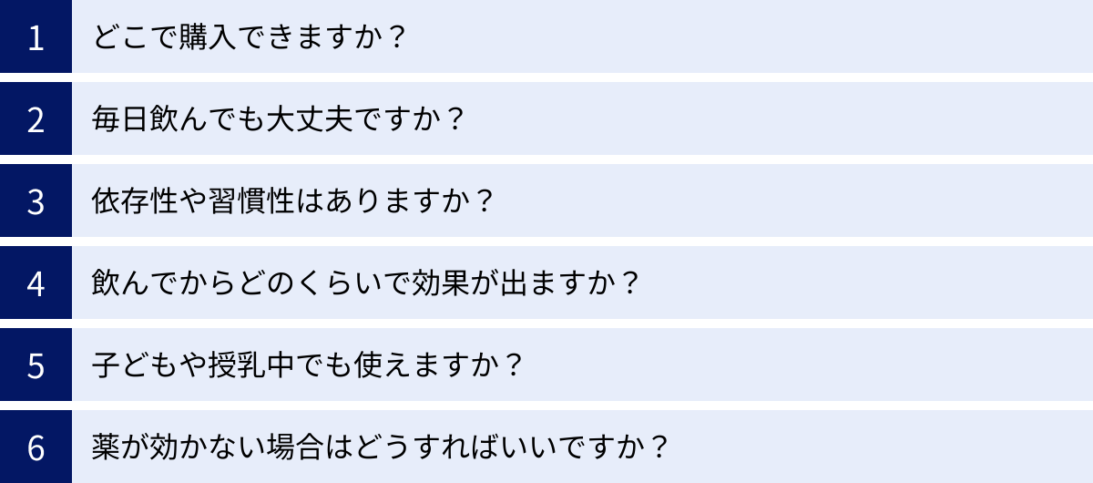 どこで購入できますか？、毎日飲んでも大丈夫ですか？、依存性や習慣性はありますか？、飲んでからどのくらいで効果が出ますか？、子どもや授乳中でも使えますか？、薬が効かない場合はどうすればいいですか？
