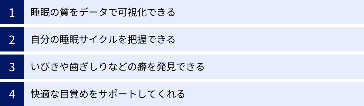 睡眠の質をデータで可視化できる、自分の睡眠サイクルを把握できる、いびきや歯ぎしりなどの癖を発見できる、快適な目覚めをサポートしてくれる