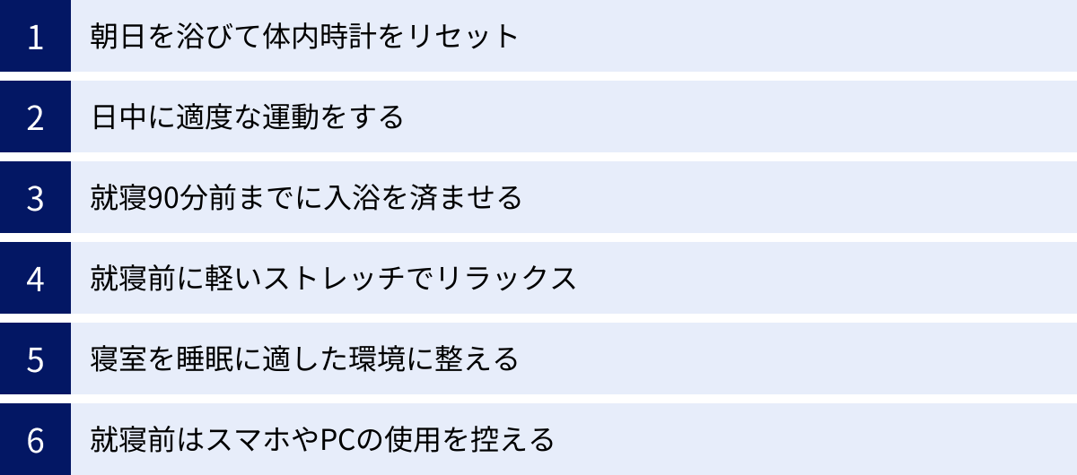 朝日を浴びて体内時計をリセット、日中に適度な運動をする、就寝90分前までに入浴を済ませる、就寝前に軽いストレッチでリラックス、寝室を睡眠に適した環境に整える、就寝前はスマホやPCの使用を控える