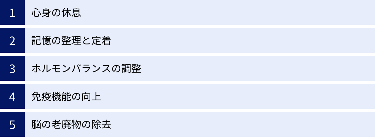 心身の休息、記憶の整理と定着、ホルモンバランスの調整、免疫機能の向上、脳の老廃物の除去